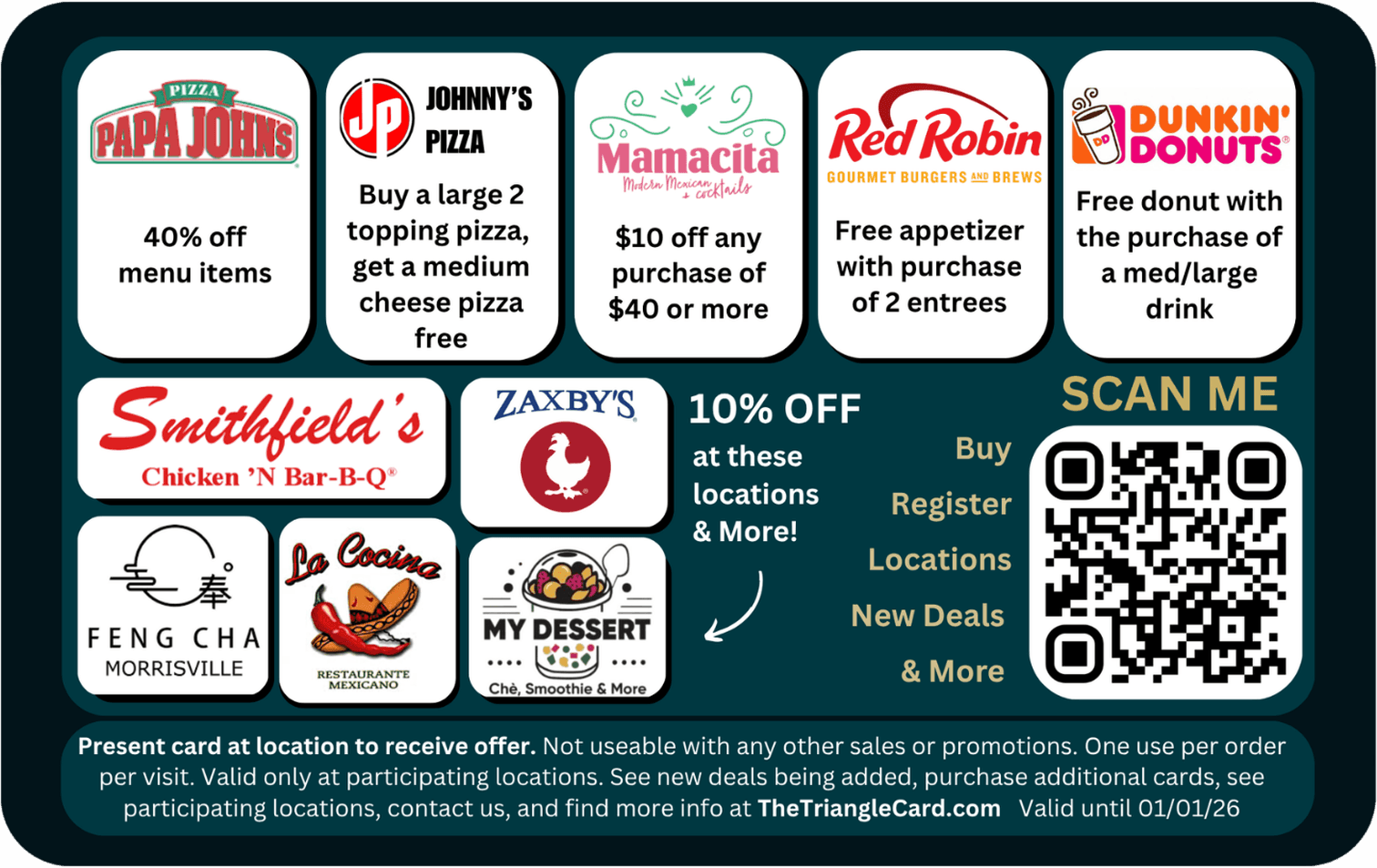 The Triangle Card — back, showing participating restaurants and deals
